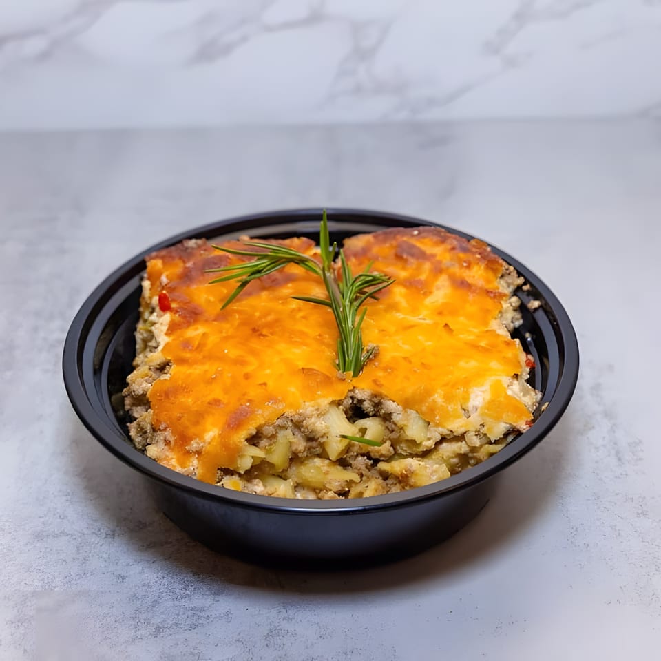 Haitian baked macaroni and cheese with a golden-brown top, garnished with rosemary in a black bowl.